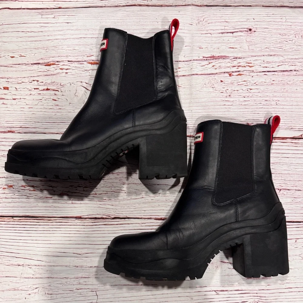 Hunter Miana Waterproof Chelsea Heeled Boots in Black Sz 11